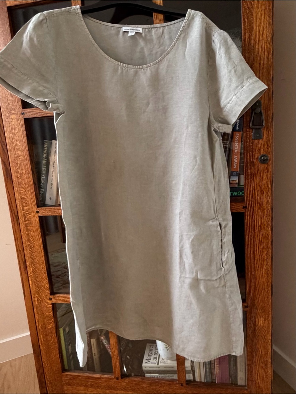 James Perse Light Sage Linen Short-Sleeve Shift Dress